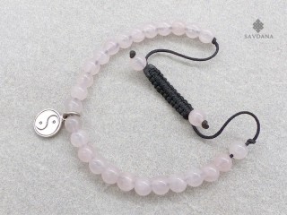 BrMala338 Bracelet Mala de Prières Tibétain Quartz Rose Yin Yang Argent Massif