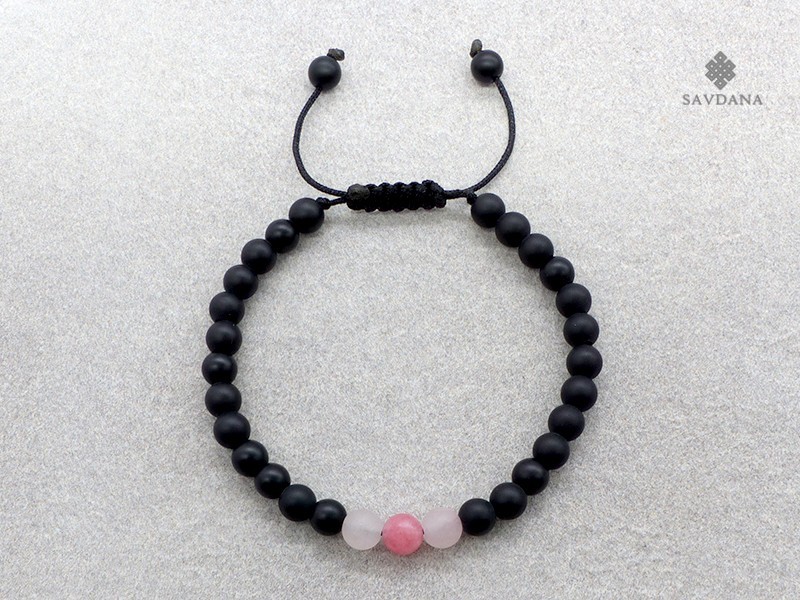 BrMala467 Bracelet Mala de Prières Tibétain Onyx Quartz Rose Jadéite Mat