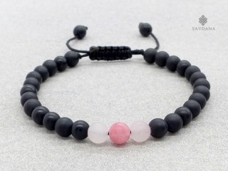 BrMala467 Bracelet Mala de Prières Tibétain Onyx Quartz Rose Jadéite Mat
