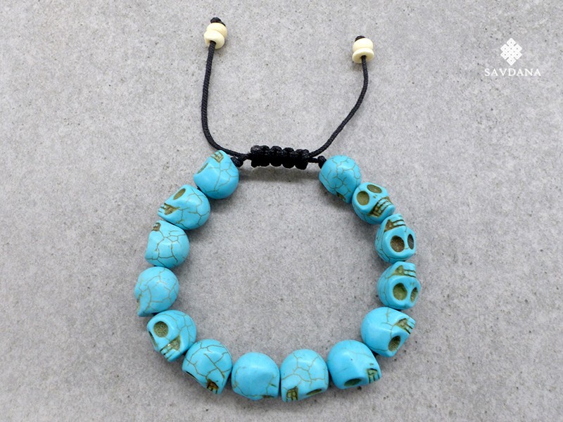 BrD392 Bracelet Mala Tibétain Crâne Tetes de Mort Bleues