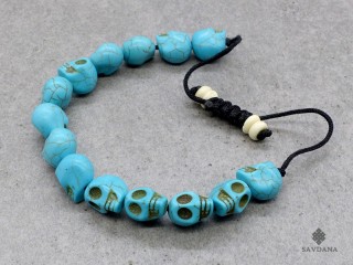 BrD392 Bracelet Mala Tibétain Crâne Tetes de Mort Bleues