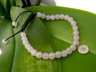 BrMala337 Bracelet Mala de Prières Tibétain Quartz Rose Noeud Sans Fin Argent Massif