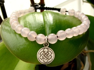 BrMala337 Bracelet Mala de Prières Tibétain Quartz Rose Noeud Sans Fin Argent Massif