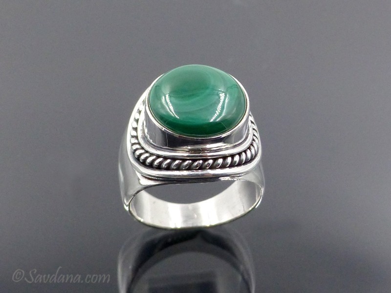 Bague Ancienne En Argent Massif 925 Avec Malachite - Taille 59 - Style Vintage, Occasion