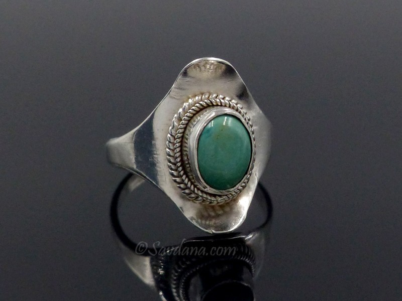 Bague Argent Et Turquoise Motif Fleurs - Taille 57, Style Tibet/Népal, Neuve Avec étiquette