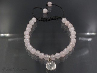 BrMala338 Bracelet Mala de Prières Tibétain Quartz Rose Yin Yang Argent Massif 20 cm