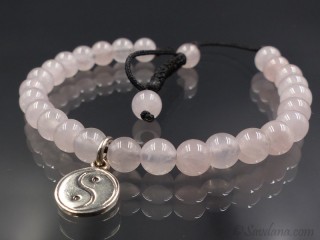 BrMala338 Bracelet Mala de Prières Tibétain Quartz Rose Yin Yang Argent Massif 20 cm