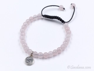 BrMala338 Bracelet Mala de Prières Tibétain Quartz Rose Yin Yang Argent Massif 20 cm