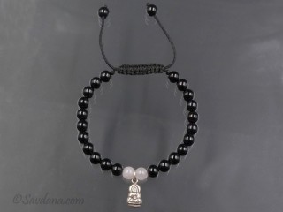BrMala340 Bracelet Mala Onyx Quartz Rose Bouddha Argent Massif 20 cm