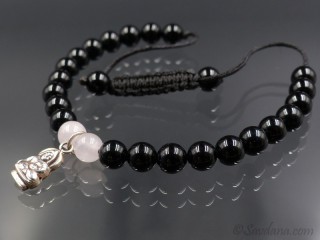 BrMala340 Bracelet Mala Onyx Quartz Rose Bouddha Argent Massif 20 cm