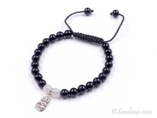 BrMala340 Bracelet Mala Onyx Quartz Rose Bouddha Argent Massif 20 cm