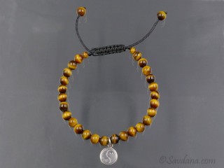 BrMala342 Bracelet Mala de Prières Tibétain Oeil de Tigre Yin Yang Argent Massif. 20 cm