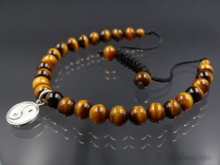 BrMala342 Bracelet Mala de Prières Tibétain Oeil de Tigre Yin Yang Argent Massif. 20 cm
