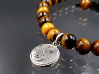 BrMala342 Bracelet Mala de Prières Tibétain Oeil de Tigre Yin Yang Argent Massif. 20 cm