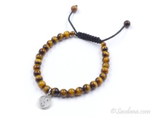 BrMala342 Bracelet Mala de Prières Tibétain Oeil de Tigre Yin Yang Argent Massif. 20 cm