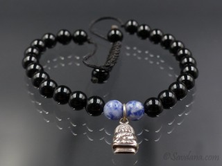 BrMala348 Bracelet Mala Onyx Sodalite Bouddha Argent Massif. 20 cm