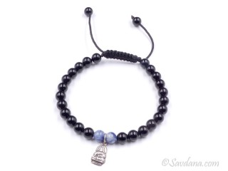 BrMala348 Bracelet Mala Onyx Sodalite Bouddha Argent Massif. 20 cm