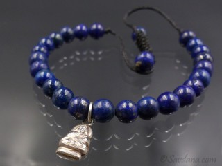 BrMala349 Bracelet Mala Lapis Lazuli Bouddha Argent Massif 19 cm
