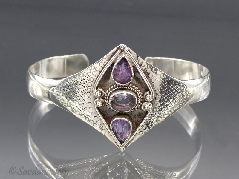 Bracelet En Argent Massif Avec Perles D'améthyste à Facettes - Bijou Occasion, Pierre Violette