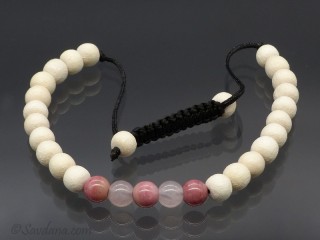 BrMala395 Bracelet Mala de Prières Tibétain Bois Jaspe Quartz Rose. 20 cm