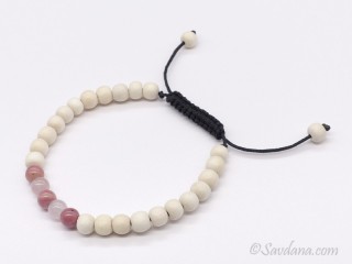 BrMala395 Bracelet Mala de Prières Tibétain Bois Jaspe Quartz Rose. 20 cm